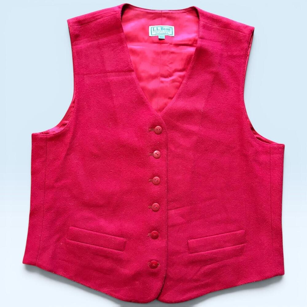 Vintage L.L. Bean Vest Womens Medium Red Wool Button Front Made USA Lined
